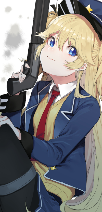 1girl bangs black_legwear blazer blonde_hair blue_skirt closed_mouth eyebrows_visible_through_hair finger_on_trigger girls_frontline gun hair_between_eyes hair_flaps hat holding holding_gun holding_weapon jacket long_hair long_sleeves looking_at_viewer nesume open_blazer open_clothes open_jacket pantyhose police police_hat police_uniform shotgun sitting skirt smile solo super_shorty_(girls_frontline) sweater thigh_strap two_side_up uniform very_long_hair weapon