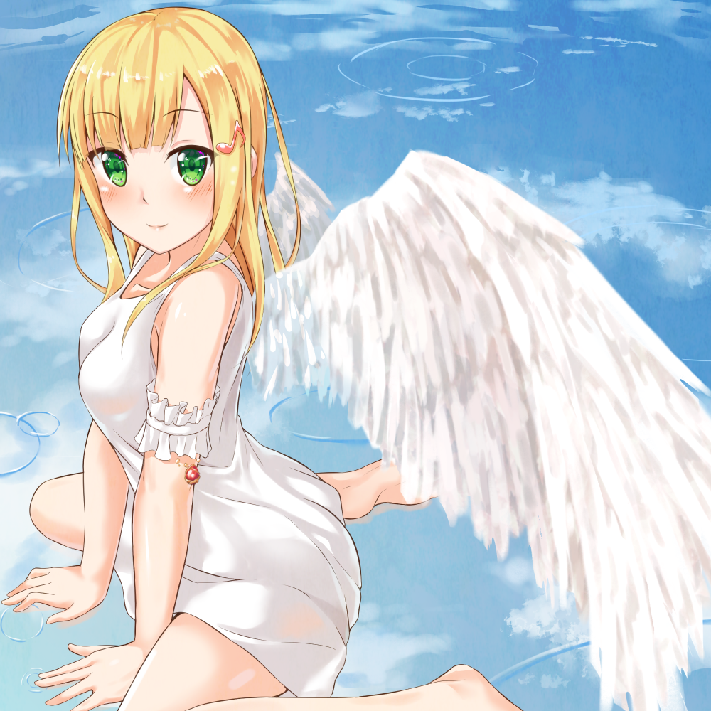 1girl angel_wings arm_garter bare_shoulders barefoot blonde_hair blush clouds collarbone dress green_eyes hands_on_ground kumatsugawa looking_at_viewer musical_note_hair_ornament original reflection ripples ruby_(stone) short_hair sitting sitting_on_water smile solo wariza white_dress wings