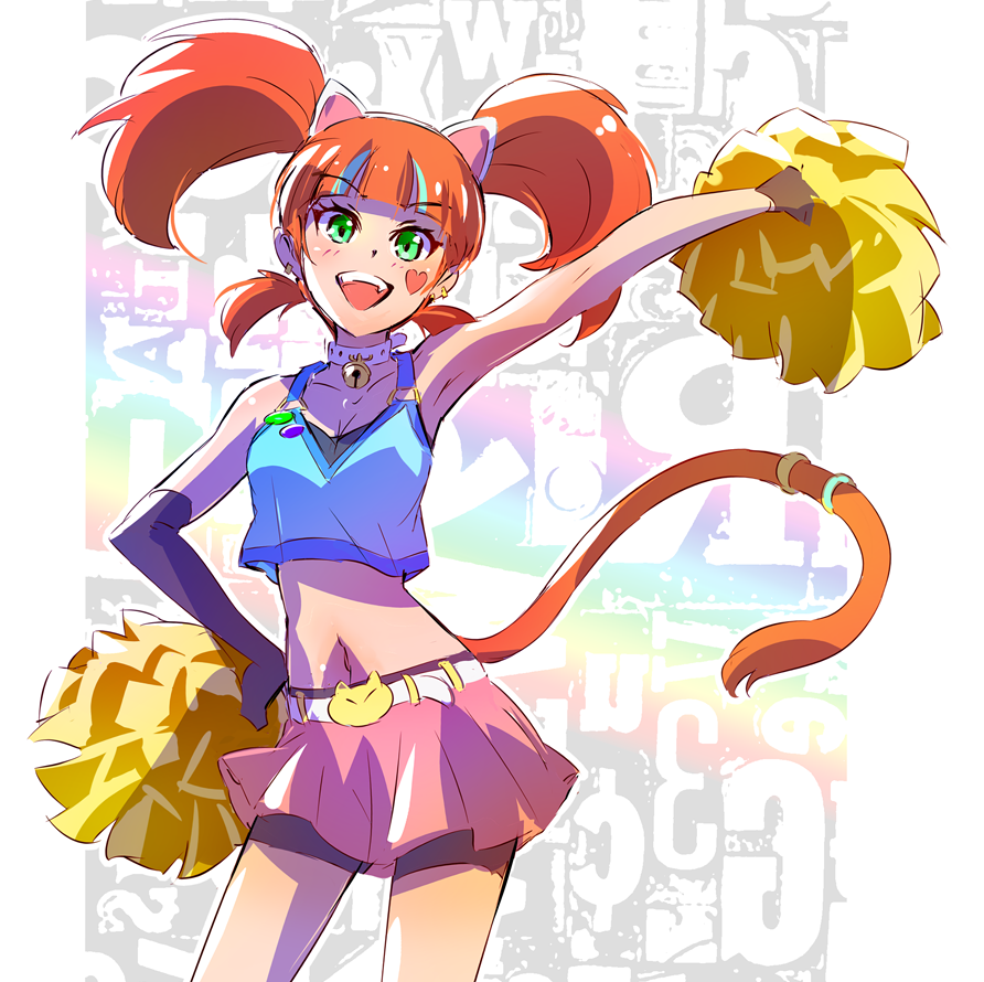 1girl animal_ears bell bell_collar breasts cat_ears cat_tail cheerleader cleavage collar commentary_request green_eyes heart_tattoo iesupa navel neon_katt orange_hair pom_poms rwby solo tail tattoo twintails