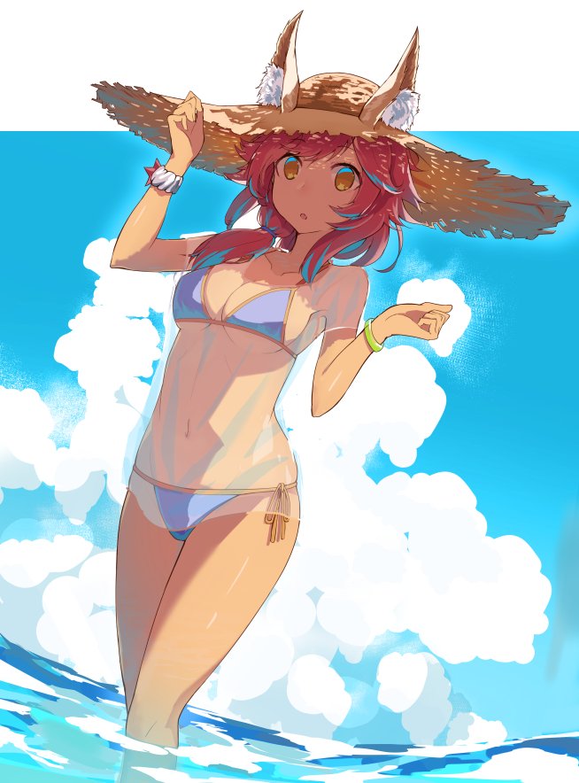 1girl :o animal_ears bad_id bad_pixiv_id bikini bikini_under_clothes blue_bikini blue_sky bracelet breasts cleavage clouds cloudy_sky day dutch_angle ears_through_headwear eyebrows_visible_through_hair fate/extra fate/grand_order fate_(series) fox_ears hand_on_headwear hat horizon jewelry long_hair looking_at_viewer low_twintails medium_breasts navel open_mouth outdoors oweee pink_hair see-through shirt side-tie_bikini sky solo straw_hat summer sun_hat swimsuit tamamo_(fate)_(all) tamamo_no_mae_(fate) tamamo_no_mae_(swimsuit_lancer)_(fate) twintails wading water yellow_eyes