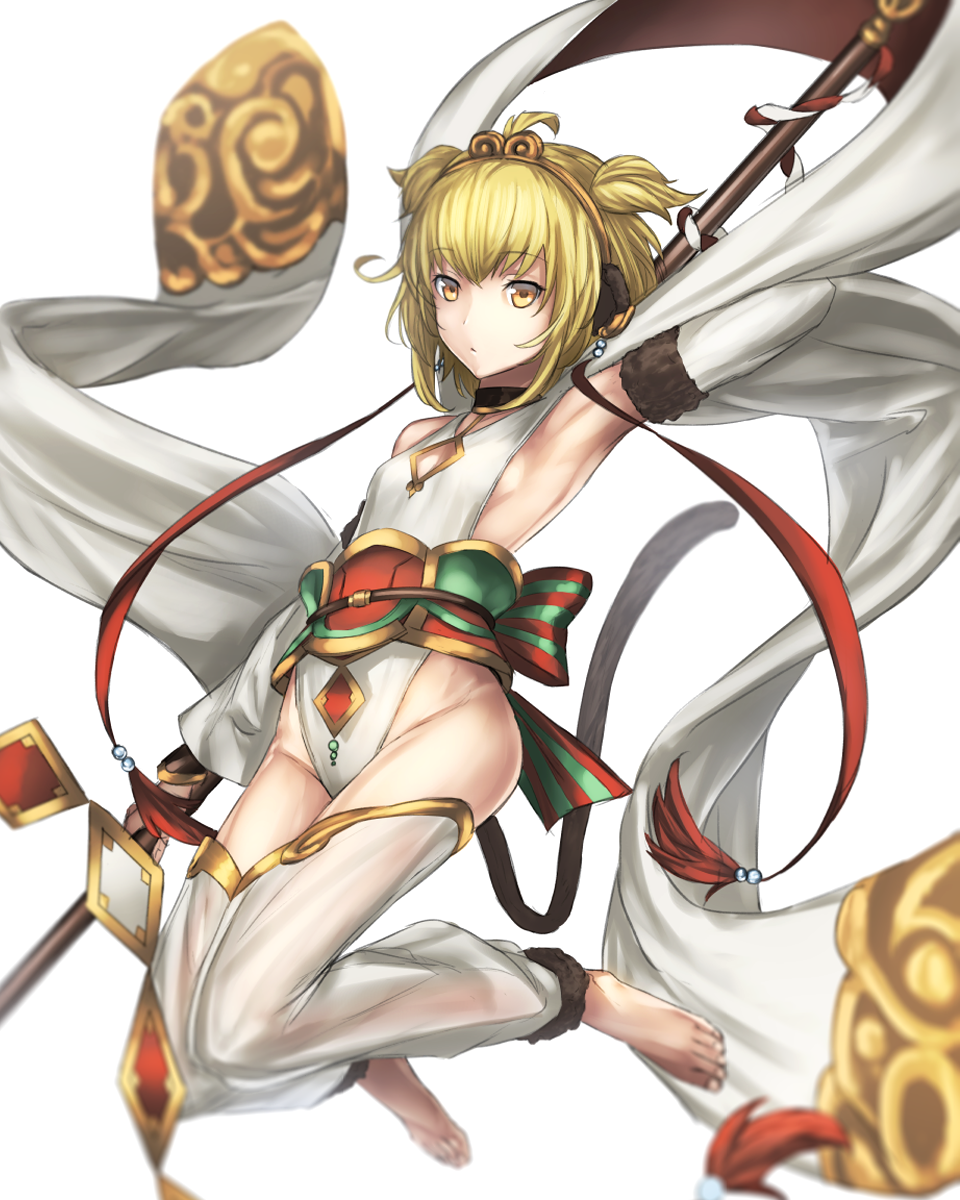 1girl ahoge anchira_(granblue_fantasy) armpits bare_shoulders barefoot blonde_hair breasts erun_(granblue_fantasy) full_body granblue_fantasy hairband highres jumping looking_at_viewer monkey_ears monkey_tail short_hair short_hair_with_long_locks sideboob simple_background solo sugi_214 tail thigh-highs white_background yellow_eyes