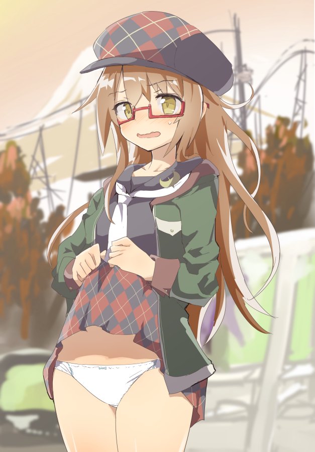 1girl argyle argyle_skirt bangs blurry blush bow bow_panties brown_eyes brown_hair caburi_aki commentary_request cowboy_shot crescent crescent_moon_pin day depth_of_field eyebrows_visible_through_hair hat kantai_collection lifted_by_self long_hair long_sleeves looking_at_viewer mochizuki_(kantai_collection) necktie nose_blush open_mouth outdoors panties school_uniform serafuku sidelocks skirt skirt_lift solo sweat underwear white_necktie white_panties