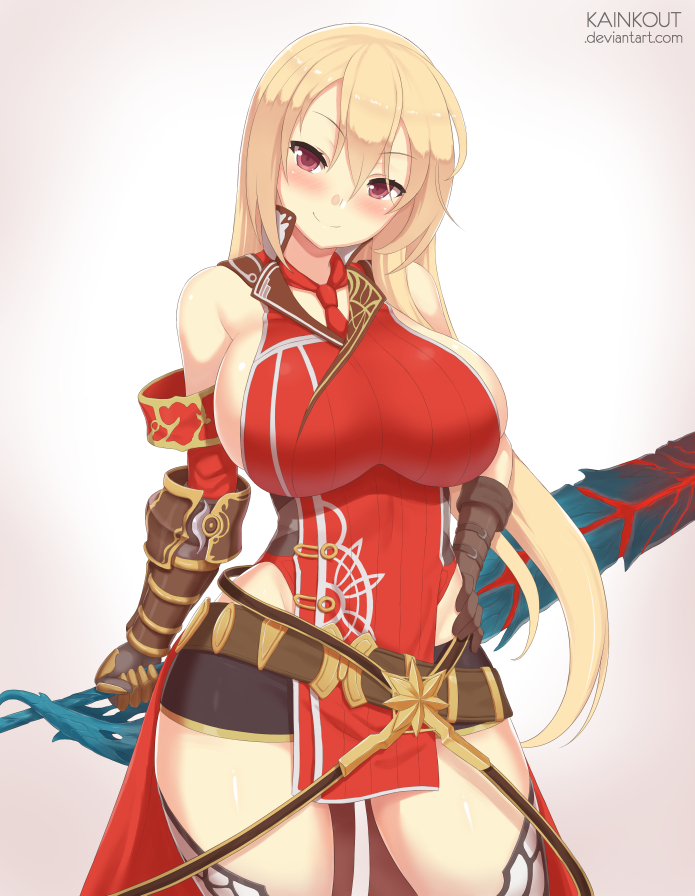 &gt;:) 1girl arnas_(yoru_no_nai_kuni) arnas_(yoru_no_nai_kuni)_(cosplay) bare_shoulders blonde_hair blush breasts brown_gloves closed_mouth cosplay cowboy_shot curvy dress gloves hair_between_eyes holding holding_sword holding_weapon kainkout large_breasts long_hair looking_at_viewer necktie pelvic_curtain red_dress red_eyes red_necktie reverse_grip senran_kagura senran_kagura_(series) senran_kagura_new_wave sideboob sleeveless smile solo souji_(senran_kagura) standing sword thigh-highs very_long_hair weapon wide_hips