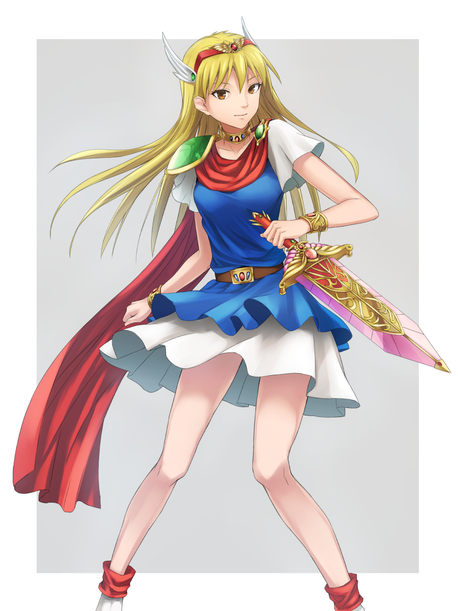 1girl akazukin_chacha armlet bare_legs belt blonde_hair blue_dress blue_skirt bracelet bracer brown_eyes cape clenched_hand closed_mouth commentary_request dress feet_out_of_frame female gem grey_background hairband head_wings highres holding holding_sword jewelry long_hair looking_at_viewer magical_princess neck neck_ring outline outline_background pauldrons red_cape red_hairband reverse_grip short_sleeves single_pauldron skirt smile solo standing sugi_214 sword weapon white_skirt