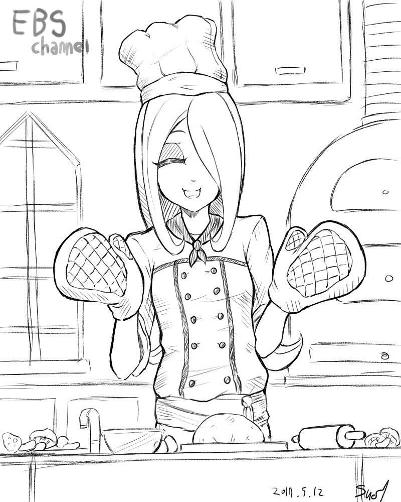 1girl alternate_costume bowl chef_hat chef_uniform closed_eyes cooking_show greyscale hair_over_one_eye hat ice_keki little_witch_academia long_hair monochrome mushroom oven_mitts rolling_pin smile solo sucy_manbavaran