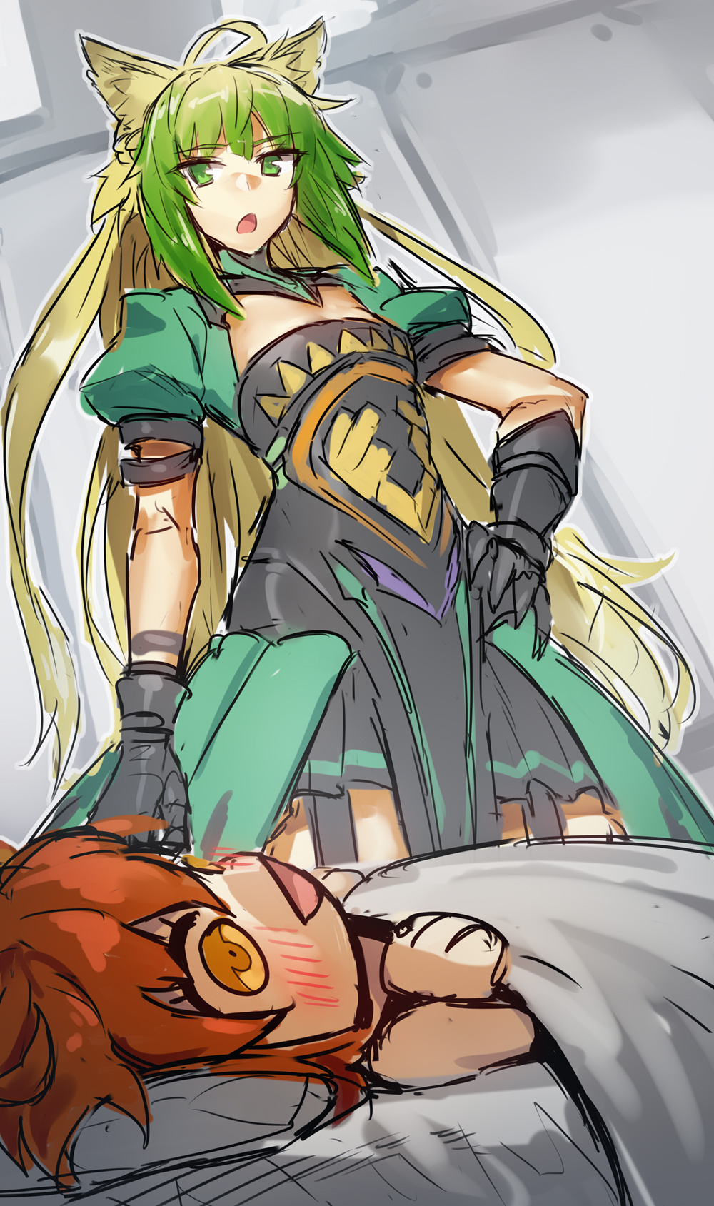 2girls :d ahoge animal_ears archer_of_red blonde_hair blush breasts cleavage cowboy_shot dress fate/grand_order fate_(series) fujimaru_ritsuka_(female) gauntlets green_eyes green_hair hand_on_hip highres long_hair looking_at_another melon22 multicolored_hair multiple_girls open_mouth puffy_short_sleeves puffy_sleeves riyo_(lyomsnpmp)_(style) short_sleeves small_breasts smile two-tone_hair under_covers very_long_hair