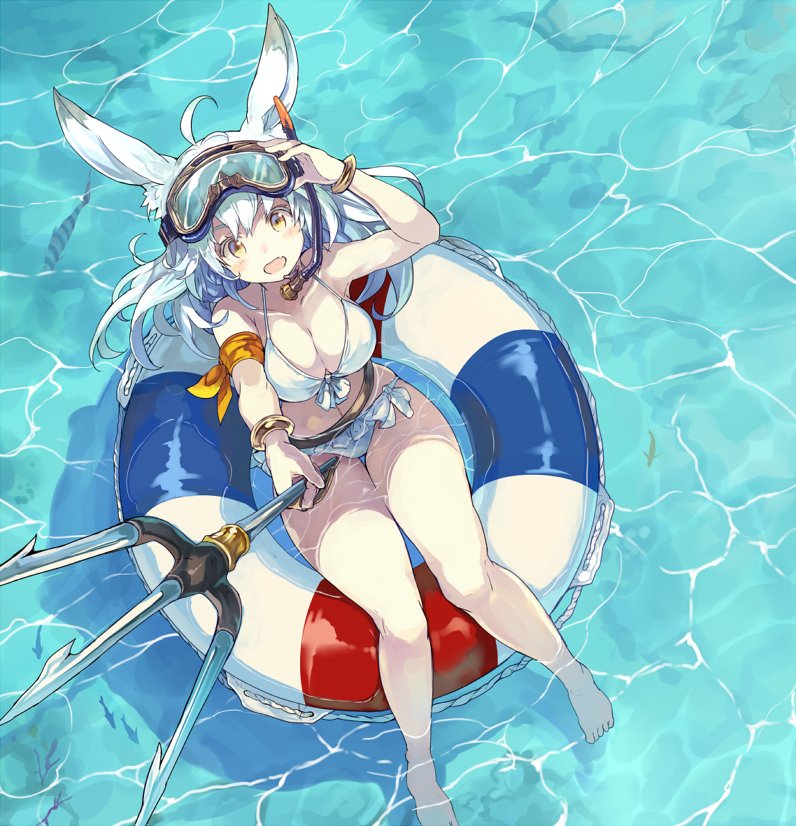 1girl ahoge animal_ears bangs bikini breasts cleavage day diving_mask diving_mask_on_head foreshortening from_above goggles halter_top halterneck holding holding_weapon large_breasts long_hair looking_at_viewer original outdoors polearm shibano_kaito smile snorkel soaking_feet solo summer swimsuit trident water weapon white_bikini white_hair yellow_eyes