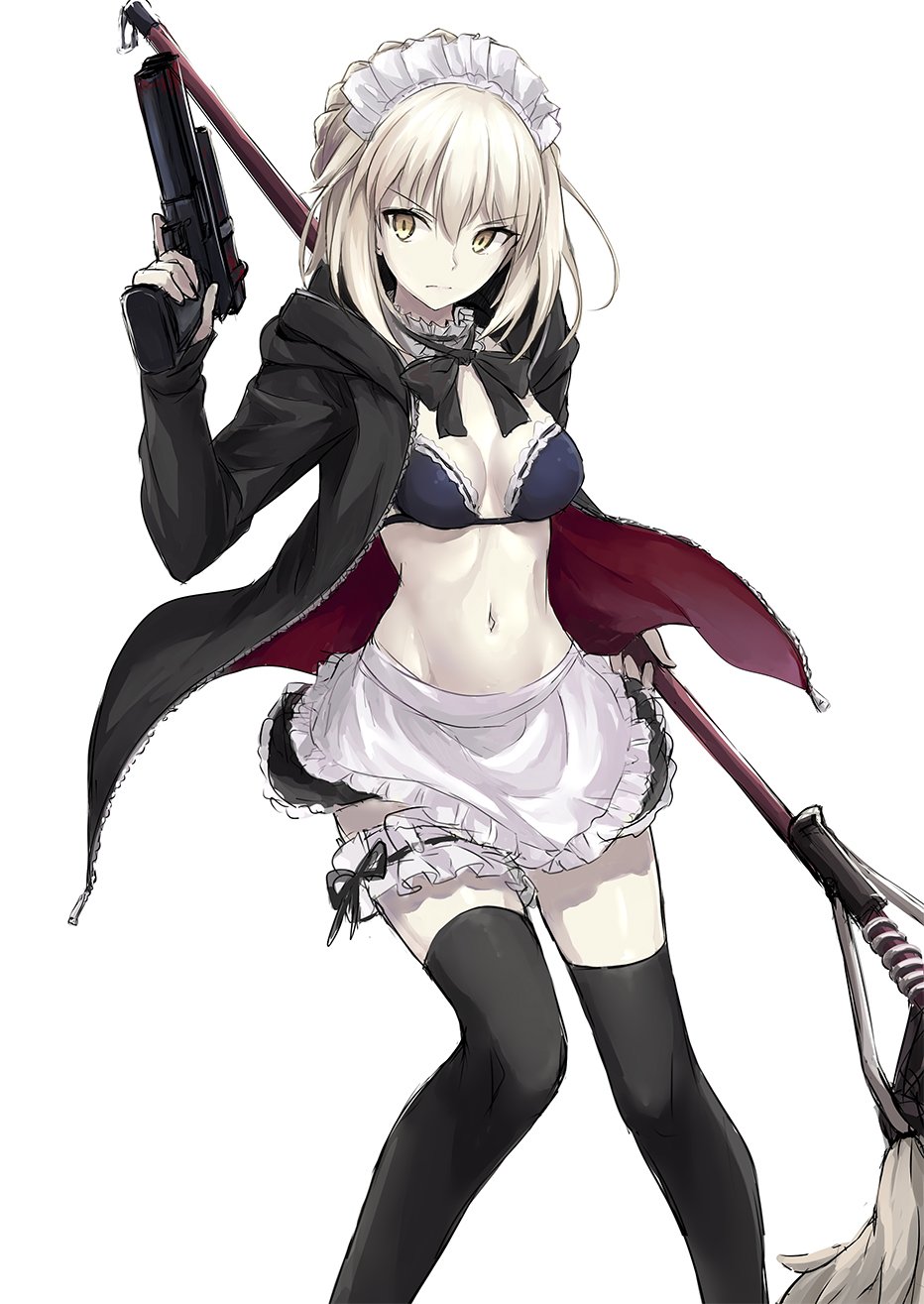 1girl akita_hika apron artoria_pendragon_(all) bikini_top black_bikini_top black_legwear braid breasts cleavage crown_braid detached_collar dual_wielding eyebrows_visible_through_hair fate/grand_order fate_(series) gun hair_between_eyes highres hood hooded_jacket hoodie jacket leg_garter light_brown_hair maid_headdress medium_breasts midriff mop navel open_clothes open_hoodie open_jacket pale_skin ribbon-trimmed_bikini saber_alter simple_background solo thigh-highs trigger_discipline waist_apron weapon white_background yellow_eyes