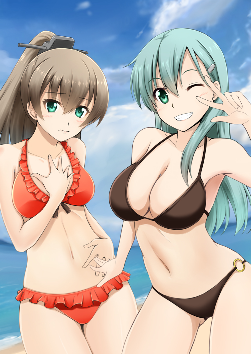 2girls aqua_eyes aqua_hair beach bikini blush breasts brown_bikini brown_hair clouds collarbone commentary day embarrassed eyebrows_visible_through_hair female finger_to_eye frilled_bikini frills fuuma_nagi gluteal_fold green_eyes grin hair_between_eyes hair_ornament hairclip halterneck hand_on_own_chest hand_on_own_stomach kantai_collection kumano_(kantai_collection) large_breasts long_hair looking_at_viewer medium_breasts multiple_girls navel o-ring_bottom one_eye_closed outdoors ponytail red_bikini simple_background smile suzuya_(kantai_collection) swimsuit upper_body v white_background