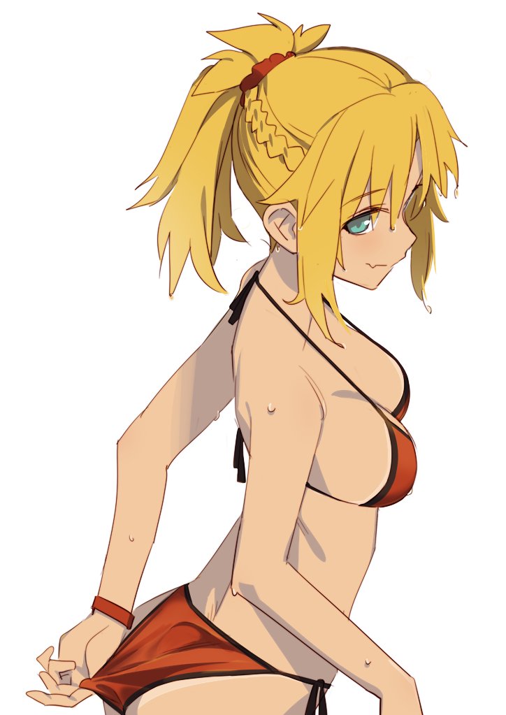 1girl adjusting_clothes adjusting_swimsuit ass bare_shoulders bikini bikini_tan blonde_hair blue_eyes braid breasts cleavage closed_mouth dutch_angle eyebrows_visible_through_hair fang_out fate/grand_order fate_(series) from_above hair_ornament hair_scrunchie halterneck looking_at_viewer medium_breasts mordred_(swimsuit_rider)_(fate) ningen_(ningen96) ponytail red_bikini saber_of_red scrunchie side-tie_bikini simple_background solo strap_gap swimsuit tan tanline wet wet_hair