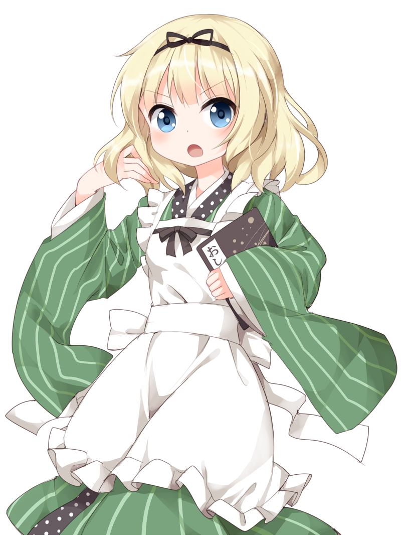 &gt;:o 1girl :o alternate_costume ama_usa_an_uniform apron bangs black_hairband blonde_hair blue_eyes blunt_bangs blush breasts cowboy_shot eyebrows_visible_through_hair frilled_apron frills gochuumon_wa_usagi_desu_ka? green_kimono hairband holding_menu japanese_clothes kimono kirima_sharo long_sleeves looking_at_viewer menu open_mouth polka_dot_trim ruu_(tksymkw) short_hair simple_background small_breasts solo standing striped striped_kimono wavy_hair white_apron white_background wide_sleeves