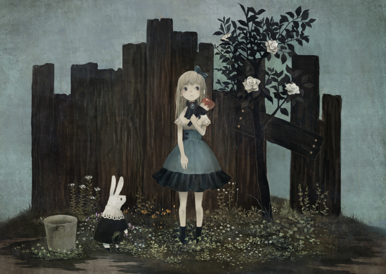 1girl :&lt; alice_(wonderland) alice_in_wonderland animal ascot blonde_hair blue_bow blue_dress bow brooch brown_eyes bucket clothed_animal commentary dress fence flower grass gu_(goodnight) hair_bow holding jewelry long_hair looking_to_the_side muted_color paintbrush pantyhose rabbit rose short_sleeves solo standing striped striped_bow tree white_legwear white_rabbit white_rose wooden_fence