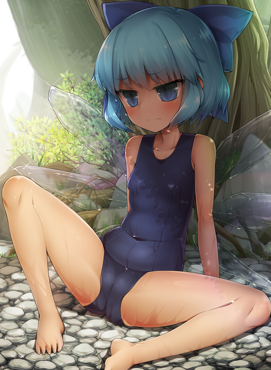 1girl alternate_costume barefoot blue_bow blue_eyes blue_hair bow cirno erect_nipples hair_bow highres ice ice_wings one-piece_swimsuit school_swimsuit short_hair sitting solo spread_legs swimsuit tanyatonya touhou tree wet wings
