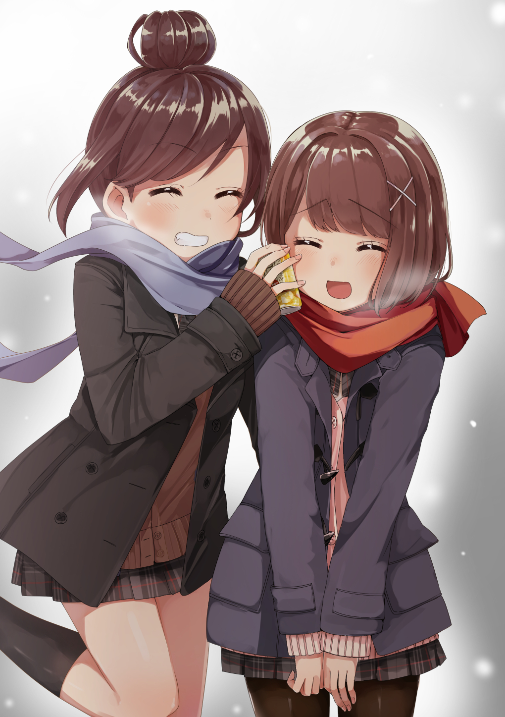 2girls ^_^ bangs black_coat black_legwear blue_coat blue_scarf blush can_to_cheek closed_eyes coat commentary_request cowboy_shot grey_background grin hair_bun hair_ornament highres kneehighs long_sleeves miniskirt multiple_girls open_mouth original pantyhose pleated_skirt red_scarf scarf school_uniform short_hair skirt smile snowing standing standing_on_one_leg swept_bangs winter winter_clothes x_hair_ornament yuama_(drop)