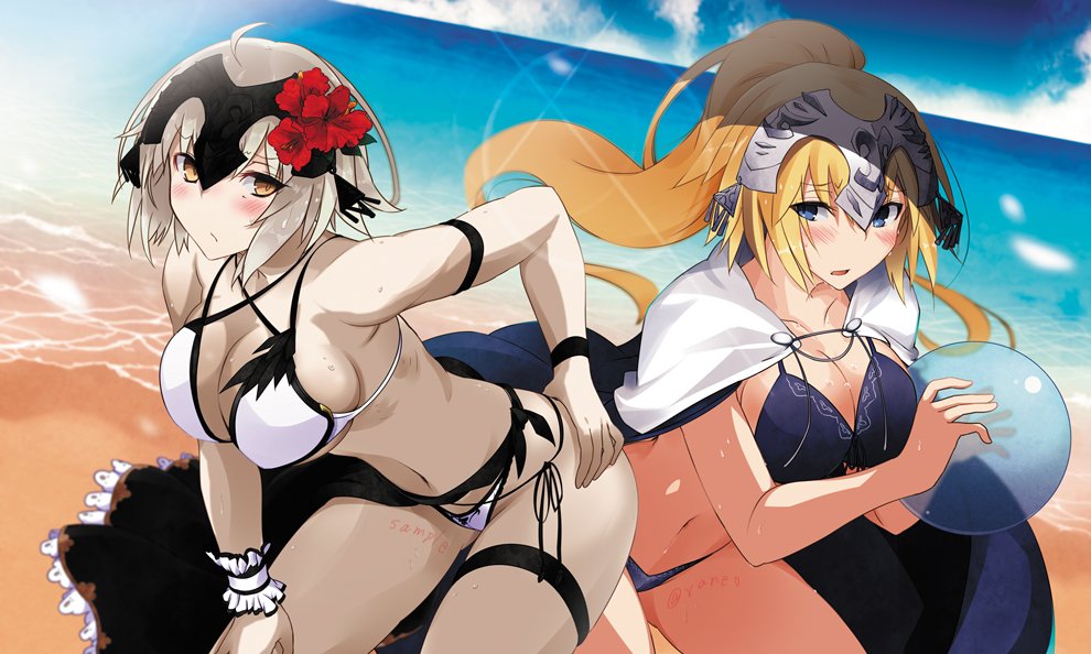 2girls bare_shoulders beach bent_over bikini blonde_hair blue_eyes blush body_writing breasts cape cleavage clouds fate/grand_order fate_(series) headpiece jeanne_alter multiple_girls navel pale_skin platinum_blonde ponytail ruler_(fate/apocrypha) sand short_hair sky swimsuit thigh_strap vane water yellow_eyes