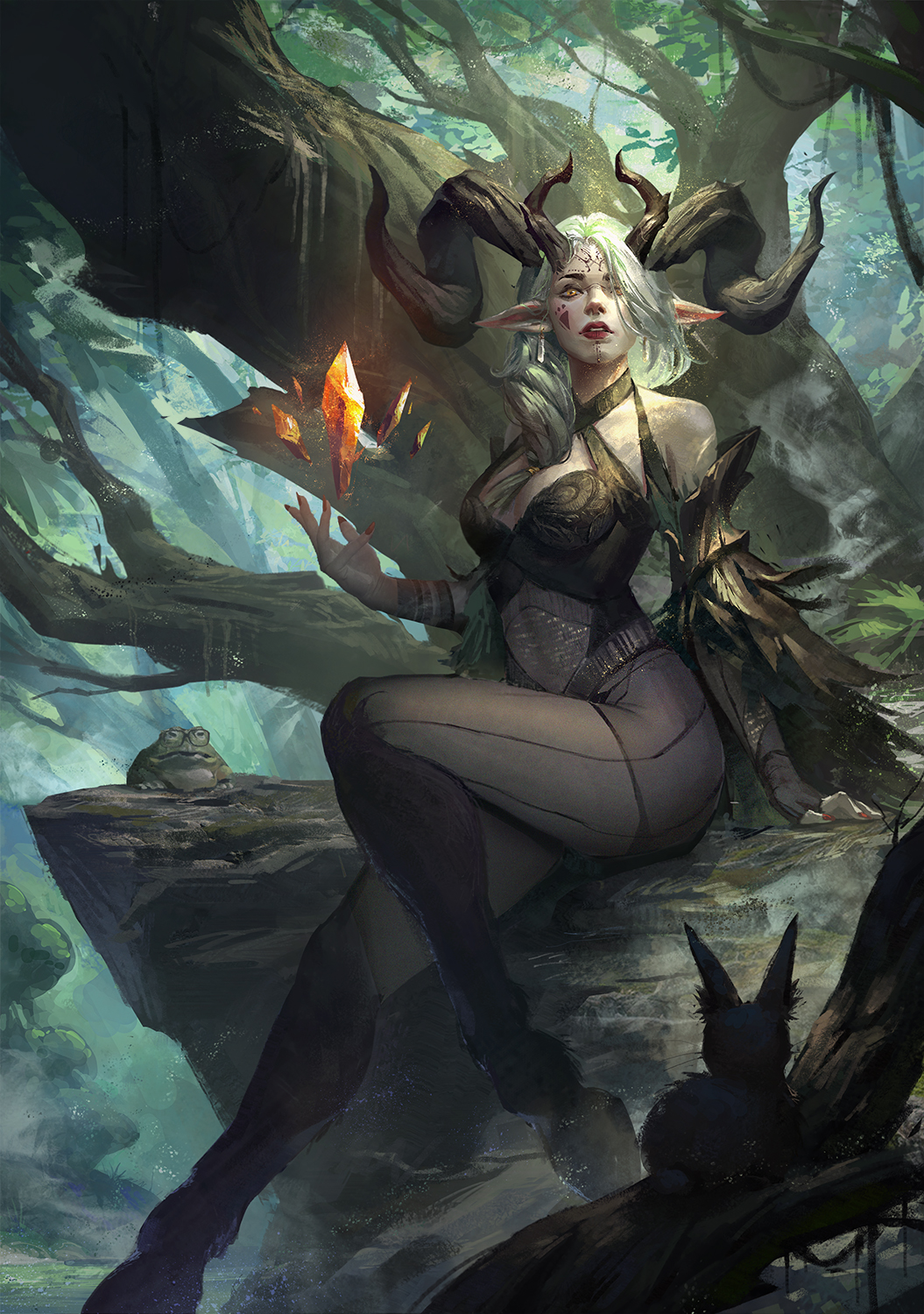 1girl bangs bare_shoulders black_legwear breasts cleavage cliff crystal detached_sleeves facial_mark feathers fingernails forehead_mark forest frog full_body glasses grass hair_ornament hair_over_one_eye highres hooves horns landscape leaf leg_up long_hair looking_at_viewer magic nature original outdoors pantyhose parted_lips pointy_ears rabbit realistic sitting solo tree white_hair x.four