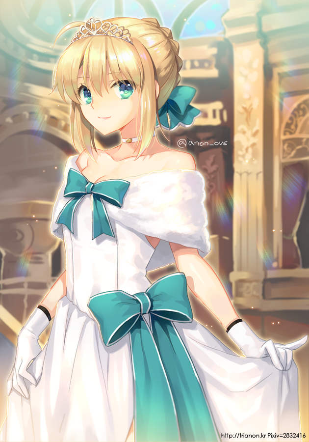 1girl ahoge artoria_pendragon_(all) blonde_hair bow breasts choker cleavage dress fate/grand_order fate_(series) gloves green_eyes hair_bow pinky_out rainbow saber smile solo tiara trianon watermark web_address white_dress white_gloves