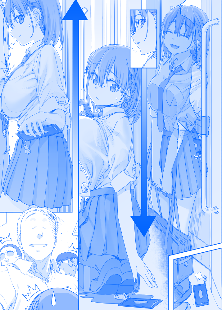 /\/\/\ 1girl :d ^_^ ai-chan_(tawawa) bag blue braid breast_press breasts cellphone closed_eyes commentary commentary_request getsuyoubi_no_tawawa hair_between_eyes hair_ornament himura_kiseki huge_breasts loafers monochrome necktie open_mouth phone pleated_skirt school_bag school_uniform shoes short_hair side_braid silhouette skirt sleeves_rolled_up smartphone smile socks squatting sweatdrop train_interior