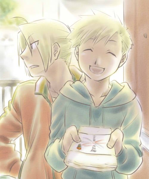 2boys alphonse_elric blonde_hair blue_jacket closed_eyes edward_elric eyebrows_visible_through_hair fullmetal_alchemist gift hand_on_hip happy holding holding_gift jacket looking_away male_focus multiple_boys nenone_miya open_mouth red_jacket serious short_hair siblings smile