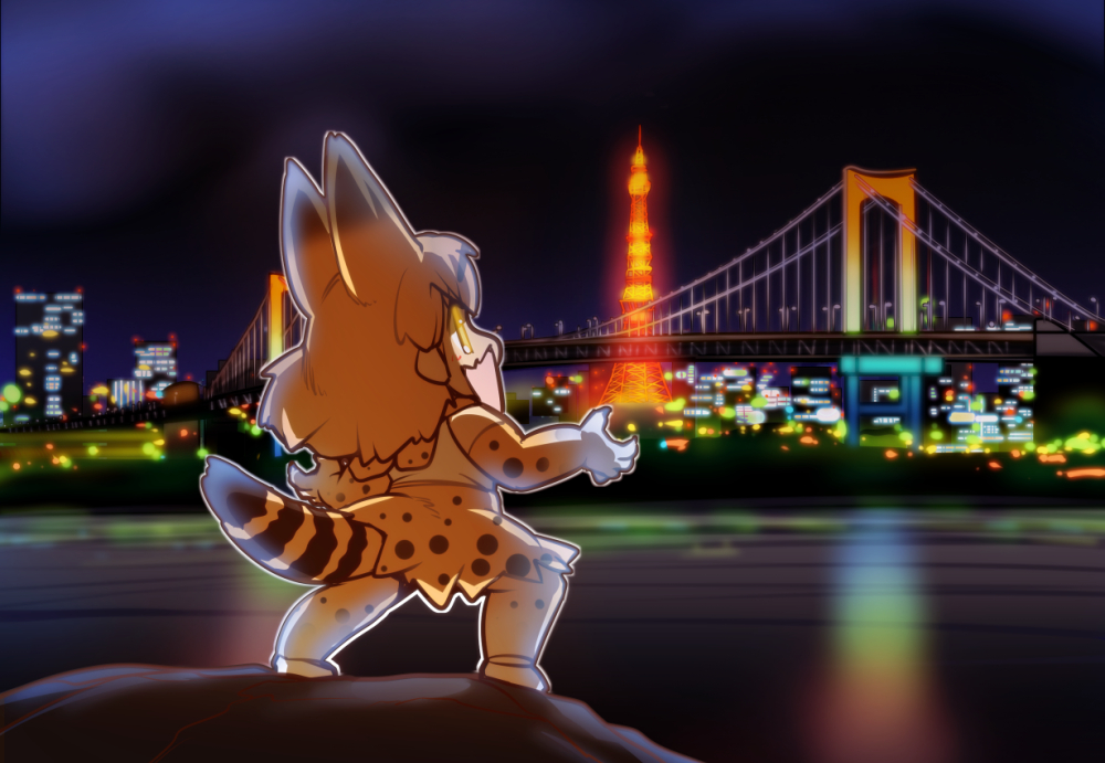 1girl animal_ears blonde_hair bridge building cityscape claws commentary_request elbow_gloves gloves glowing glowing_eyes hisahiko kemono_friends night open_mouth outstretched_arms serval_(kemono_friends) serval_ears serval_print serval_tail shirt short_hair skirt sleeveless sleeveless_shirt solo spread_arms standing suspension_bridge tail thigh-highs tokyo_(city) tokyo_tower yellow_eyes