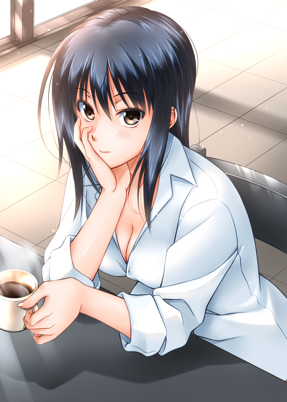1girl bangs black_hair breasts brown_eyes buttons chair cleavage closed_mouth coffee_mug collarbone collared_shirt commentary_request cup day desk dress_shirt eyebrows_visible_through_hair fingernails hair_between_eyes hand_on_own_cheek hand_on_own_face head_rest highres holding holding_cup indoors long_fingernails long_hair looking_at_viewer medium_breasts mug no_bra original shirt sidelocks sitting sleeves_rolled_up solo sumeragi_tomo tile_floor tiles white_shirt