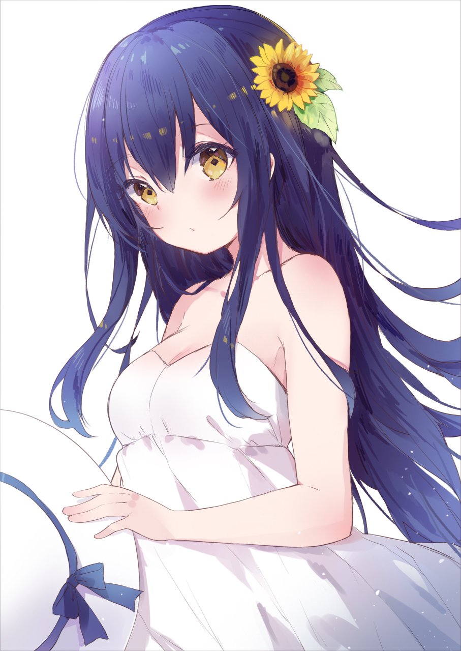 1girl bangs bare_shoulders blue_hair blush breasts brown_eyes closed_mouth collaboration dress flower hair_between_eyes hair_flower hair_ornament hat hat_removed headwear_removed highres long_hair looking_at_viewer medium_breasts original pursed_lips shiino_sera simple_background solo sundress sunflower tr_(hareru) white_background white_dress yellow_flower