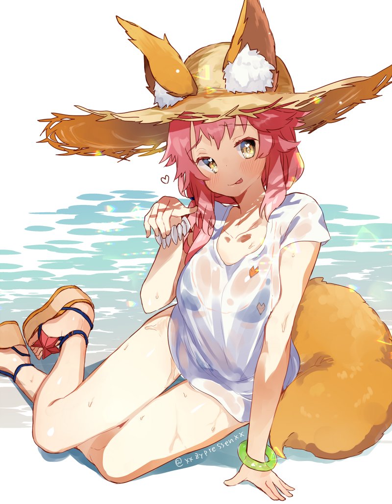 1girl :p animal_ears bare_legs beach bikini bikini_under_clothes blush bracelet collarbone fate/grand_order fate_(series) feet fox_ears fox_girl fox_tail full_body hat jewelry kanro_ame_(ameko) legs looking_at_viewer pink_hair sandals see-through shirt short_sleeves simple_background solo straw_hat swimsuit tail tamamo_(fate)_(all) tamamo_no_mae_(swimsuit_lancer)_(fate) tongue tongue_out twitter_username water wet wet_clothes wet_shirt white_background white_shirt yellow_eyes