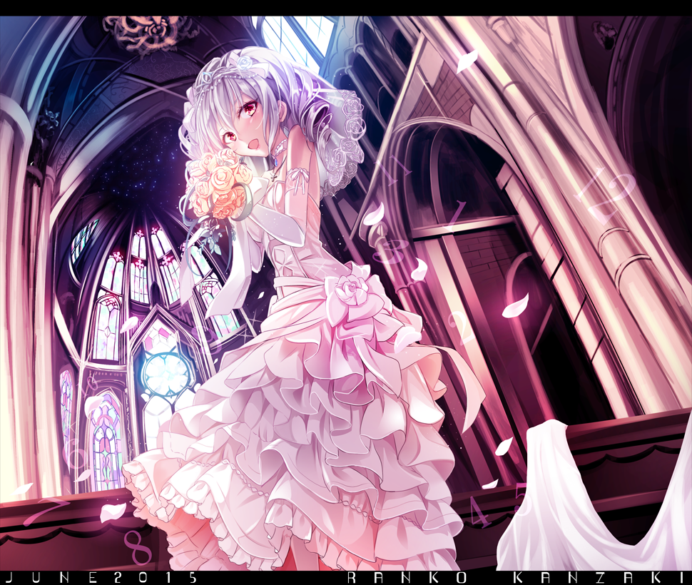 1girl 2015 :d bouquet bridal_veil character_name choker church cross dress drill_hair flower grey_hair haruka_natsuki idolmaster idolmaster_cinderella_girls june kanzaki_ranko looking_at_viewer open_mouth petals rose smile solo twin_drills veil wedding_dress