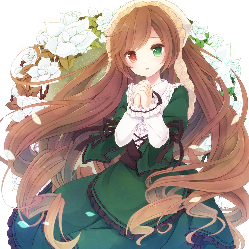 1girl bangs black_ribbon blush brown_hair dress drill_hair eyebrows_visible_through_hair flower frilled_dress frilled_sleeves frills green_dress green_eyes hands_clasped head_scarf heterochromia layered_dress layered_sleeves long_hair long_sleeves looking_at_viewer parted_lips petals red_eyes revision ribbon rozen_maiden simple_background solo suiseiseki swept_bangs very_long_hair white_background white_flower yonema
