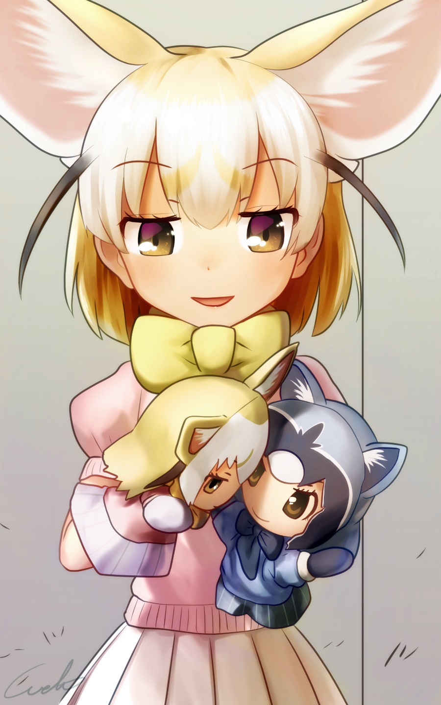 1girl :d animal_ears blonde_hair bow bowtie brown_eyes common_raccoon_(kemono_friends) eyebrows_visible_through_hair fennec_(kemono_friends) fox_ears hand_puppet highres kemono_friends open_mouth pink_shirt puffy_short_sleeves puffy_sleeves puppet shirt short_hair short_sleeves signature skirt smile solo u-eruto yellow_bow yellow_bowtie