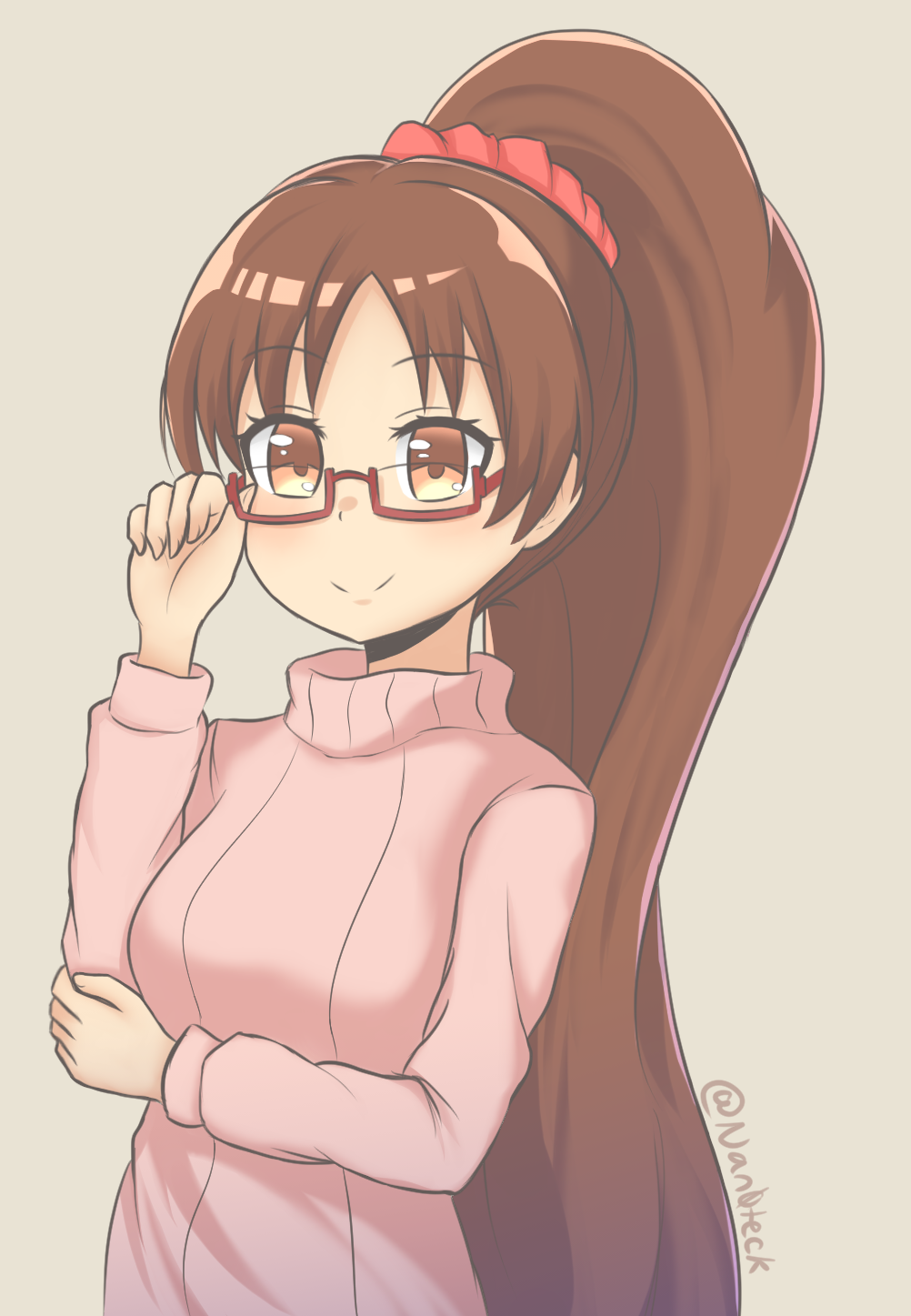 1girl artist_name blush breasts brown_eyes brown_hair closed_mouth eyebrows_visible_through_hair fire_emblem fire_emblem:_mystery_of_the_emblem fire_emblem_heroes glasses highres large_breasts linda_(fire_emblem) long_hair long_sleeves nan0teck ponytail semi-rimless_glasses smile solo sweater twitter_username