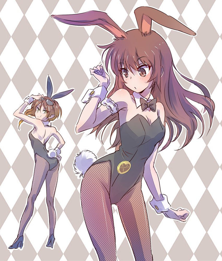 2girls animal_ears breasts brown_hair bunny_day bunny_girl bunny_tail checkered checkered_background cleavage coco_adel commentary_request fake_animal_ears fake_tail iesupa leotard multiple_girls playboy_bunny_leotard rabbit_ears rwby tail velvet_scarlatina