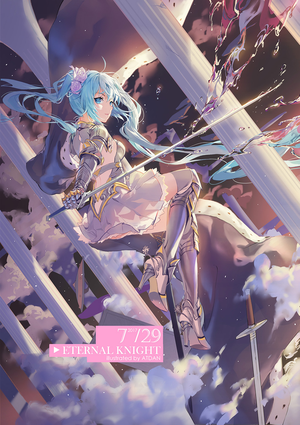 1girl 2017 artist_name atdan blue_eyes blue_hair dated dutch_angle flower full_body gauntlets greaves hair_flower hair_ornament hatsune_miku high_heels highres long_hair looking_back pillar solo spurs sword twintails very_long_hair vocaloid weapon