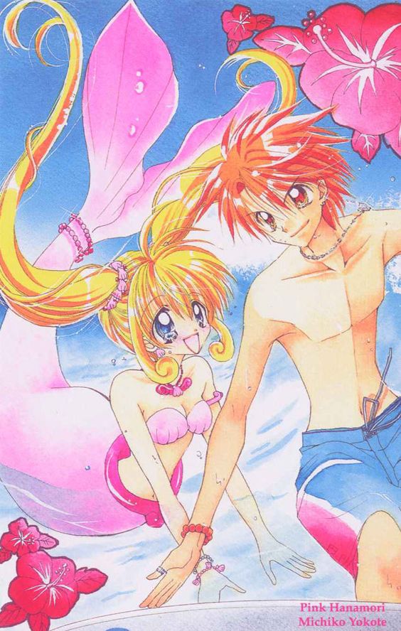 1boy 1girl artist_name beach blonde_hair blue_eyes bracelet brown_eyes day doumoto_kaito flower hanamori_pink hibiscus jewelry mermaid mermaid_melody_pichi_pichi_pitch monster_girl nanami_lucia ocean open_mouth orange_hair pendant shell shell_bikini shell_hair_ornament shell_necklace smile surfboard surfing swimming twintails water waves