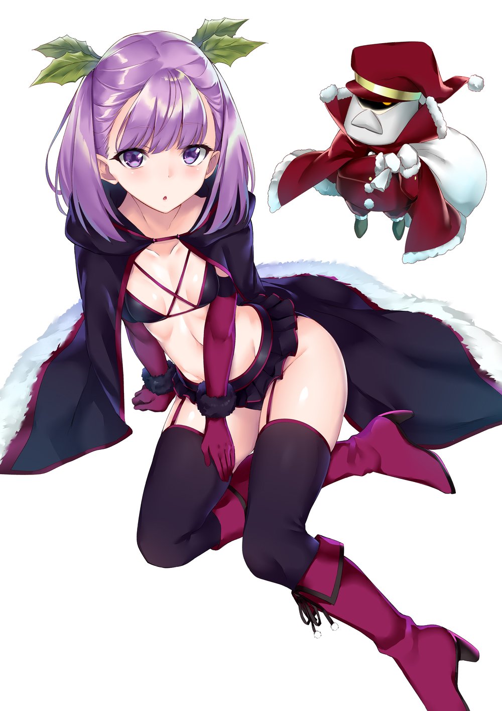 1girl :o automaton_(object) black_legwear boots breasts cape collarbone colonel_olcott_(fate/grand_order) doll fate/grand_order fate_(series) fur_trim garter_straps hat helena_blavatsky_(fate/grand_order) highres looking_at_viewer mistletoe nishimi_shin purple_hair sack santa_costume santa_hat short_hair small_breasts solo thigh-highs violet_eyes