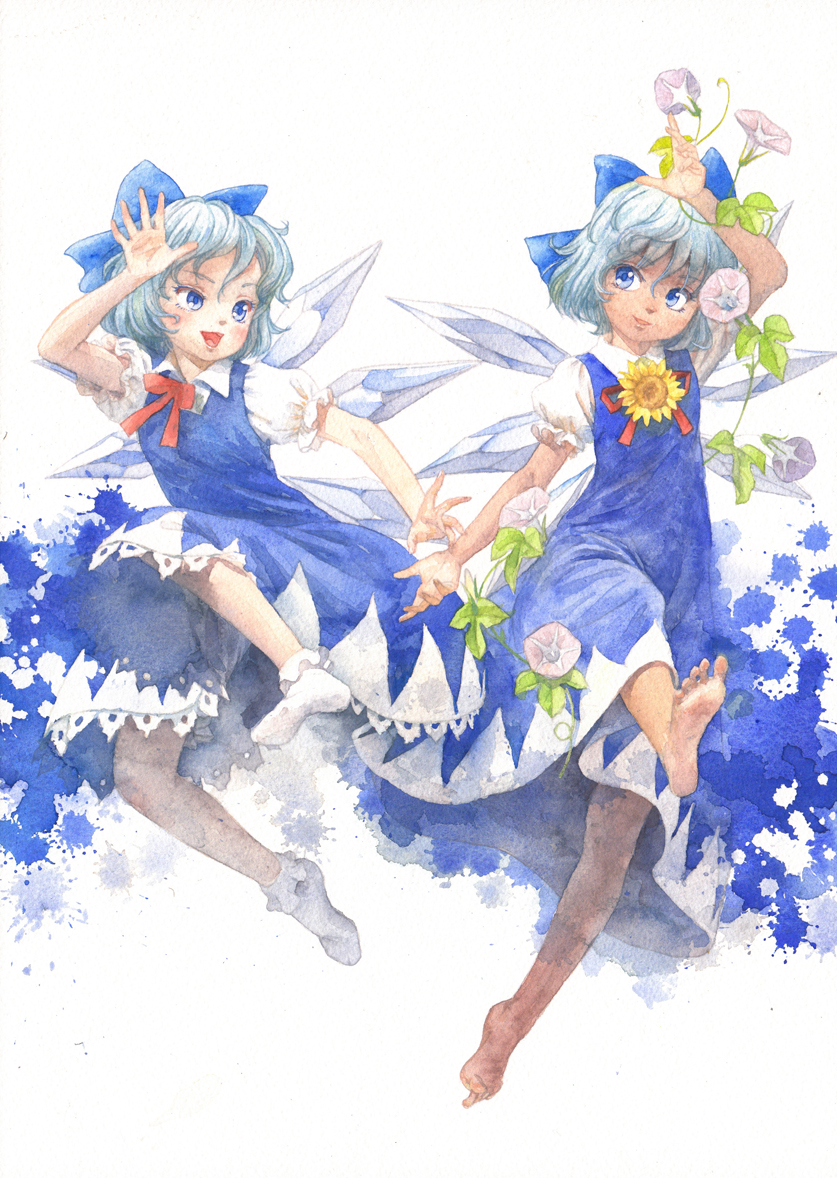 2girls arm_up barefoot blue_hair bow cirno commentary dual_persona flower graphite_(medium) hair_bow hand_up hidden_star_in_four_seasons ice ice_wings misawa_hiroshi multiple_girls open_mouth paint_splatter puffy_sleeves short_hair smile socks tan tanned_cirno texture touhou traditional_media watercolor_(medium) white_background wings