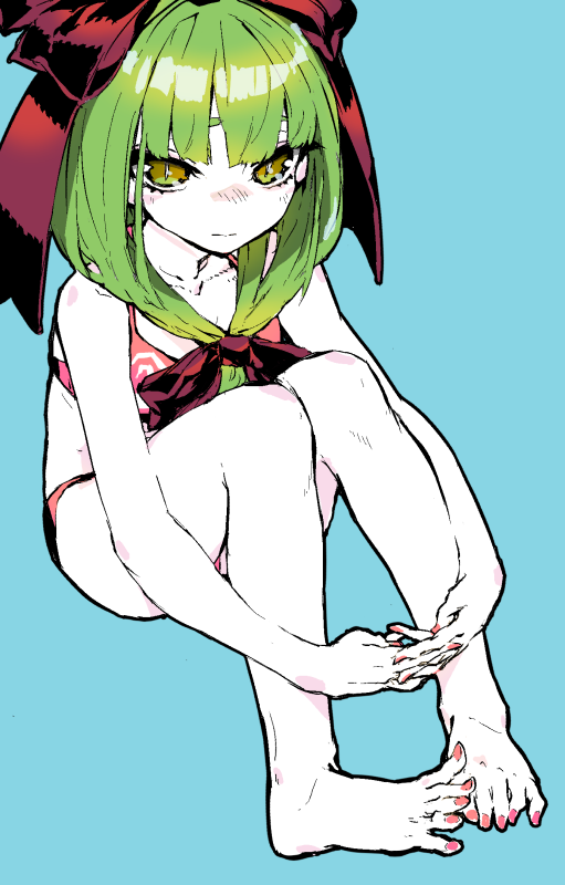 1girl ass bikini blue_background blush flat_color green_hair kagiyama_hina long_hair looking_at_viewer pink_bikini simple_background sitting solo swimsuit thupoppo touhou yellow_eyes