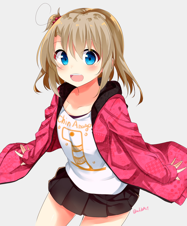 1girl :d bangs black_skirt blue_eyes blush brown_hair character_request collarbone commentary_request copyright_request cowboy_shot grey_background jacket looking_at_viewer open_clothes open_jacket open_mouth pink_jacket sasahara_wakaba shirt short_hair simple_background skirt smile solo tied_hair twitter_username white_shirt
