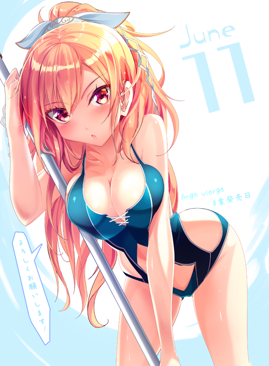 1girl ange_vierge blonde_hair blush breasts cleavage hair_ribbon haruka_natsuki june large_breasts long_hair looking_at_viewer one-piece_swimsuit orange_hair original ponytail red_eyes ribbon solo staff swimsuit translation_request