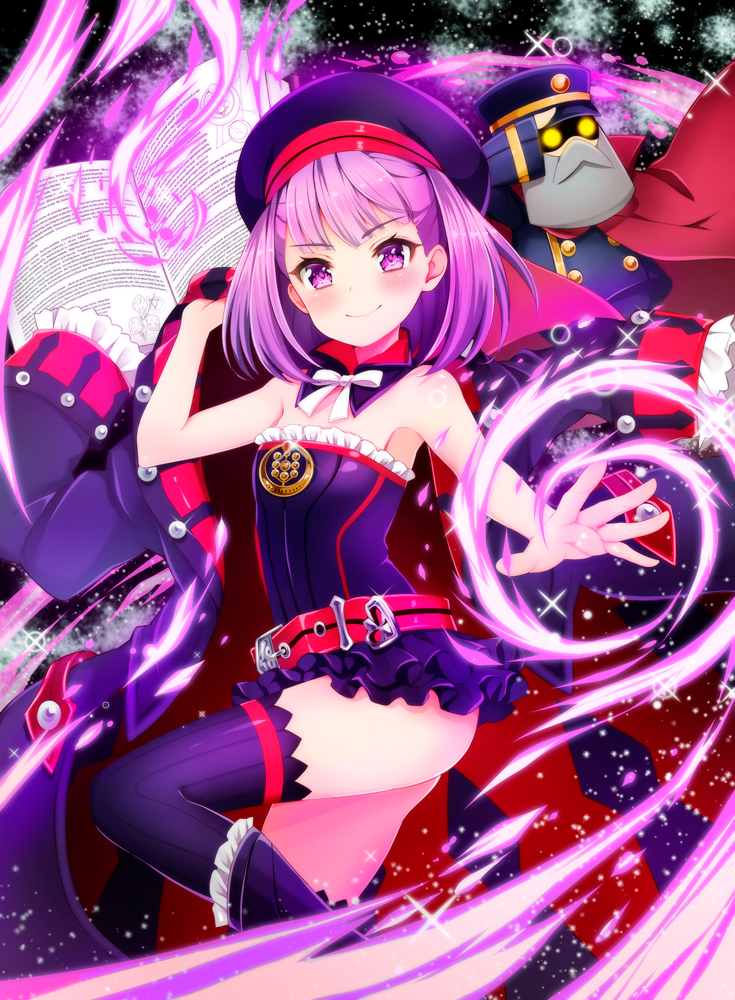 1girl ass bare_shoulders belt black_legwear blush book fate/grand_order fate_(series) flat_chest hat helena_blavatsky_(fate/grand_order) jacket jacket_removed looking_at_viewer pilokey purple_hair salute short_hair smile solo strapless thigh-highs tree_of_life violet_eyes