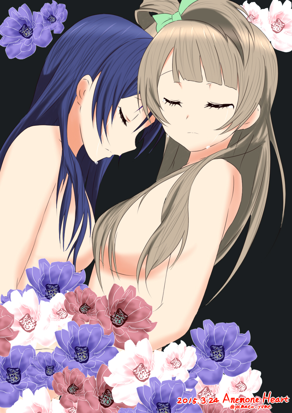 2015 2girls anemone_heart black_background blue_flower blue_hair bow breasts brown_hair closed_eyes crying dated green_bow hair_bow highres long_hair love_live! love_live!_school_idol_project medium_breasts minami_kotori multiple_girls nude red_flower sideboob signature simple_background sonoda_umi tears upper_body very_long_hair white_flower yamato_yume yuri