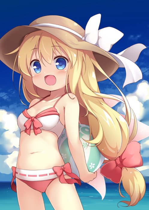 1girl arms_behind_back baku_ph ball beachball bikini blonde_hair blue_eyes clouds fairy_wings hat lily_white long_hair low_ponytail navel ocean open_mouth sky smile solo sun_hat swimsuit touhou water wings