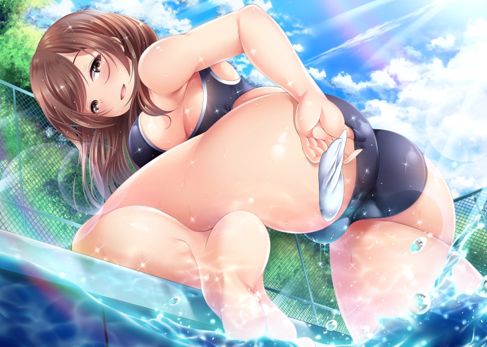 1girl ass blush breasts brown_eyes brown_hair commentary_request competition_swimsuit crotch feet fence garana hips idolmaster idolmaster_cinderella_girls large_breasts legs light_rays long_hair looking_back nitta_minami one-piece_swimsuit open_mouth outdoors poolside sideboob smile solo sunlight swimsuit thighs tree water wet