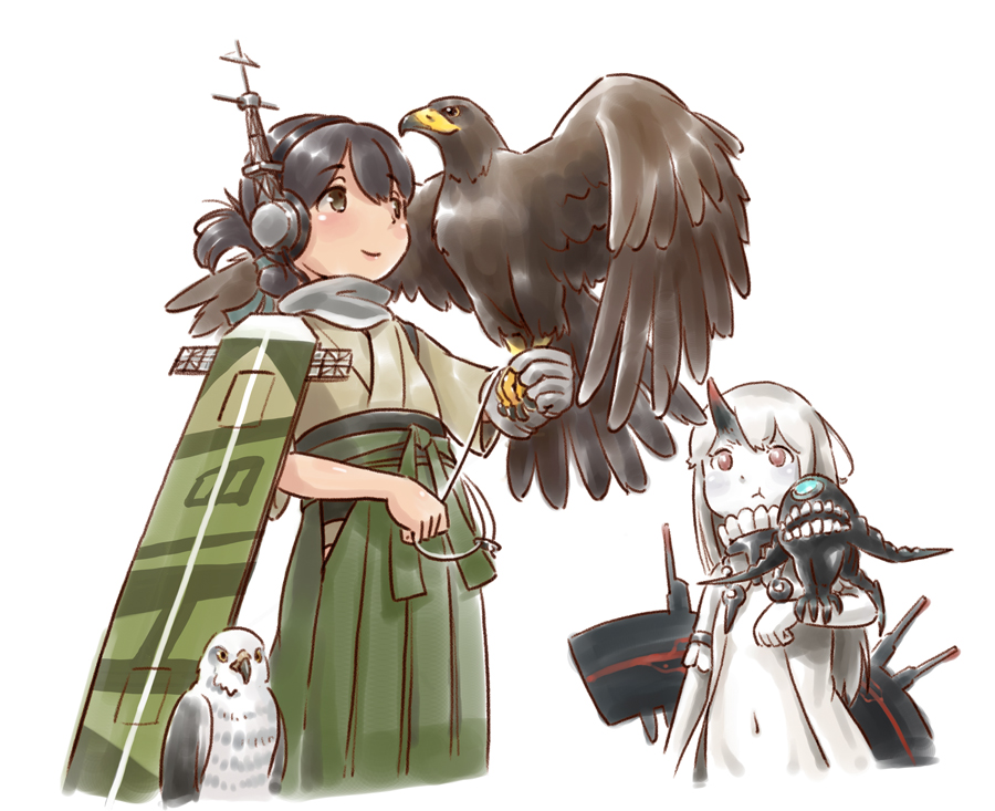 2girls bird brown_eyes brown_hair earphones escort_hime flight_deck folded_ponytail gloves hair_between_eyes hakama hawk horn japanese_clothes kantai_collection karasu_(naoshow357) kasuga_maru_(kantai_collection) long_hair multiple_girls navel red_eyes remodel_(kantai_collection) shinkaisei-kan single_glove taiyou_(kantai_collection) white_hair