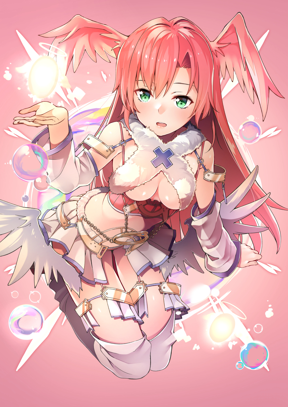 1girl bangs blush boots breasts byte_(allbyte) eyebrows_visible_through_hair feathered_wings full_body green_eyes hand_up head_wings highres legs_together long_hair medium_breasts midriff navel open_mouth parted_bangs pink_hair pleated_skirt showgirl_skirt skirt solo teeth thigh-highs thighs under_boob white_legwear white_skirt white_wings wings wixoss