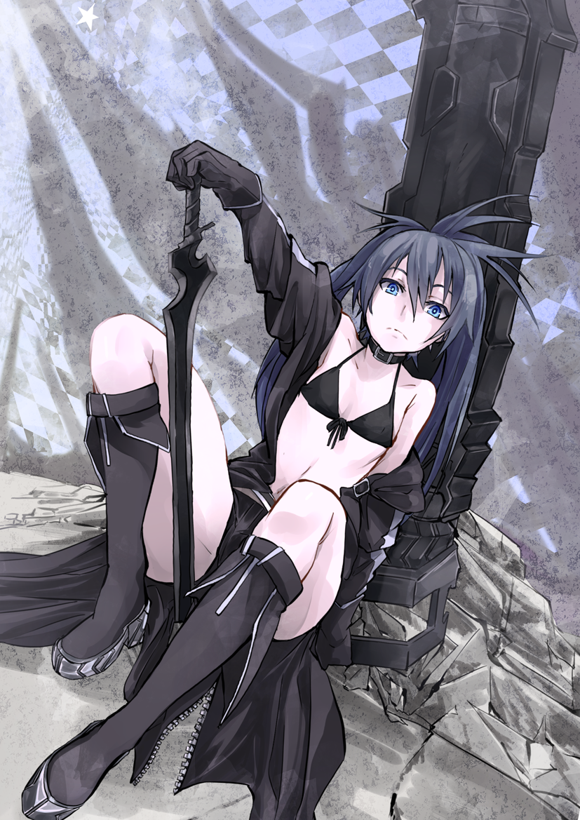 1girl bikini black_bikini black_boots black_gloves black_rock_shooter black_rock_shooter_(character) black_shorts blue_eyes blue_hair boots breasts checkered checkered_floor cleavage eyebrows_visible_through_hair front-tie_bikini front-tie_top fu-ta gloves hair_between_eyes holding holding_sword holding_weapon knee_boots long_hair looking_at_viewer midriff navel short_shorts shorts small_breasts solo star stomach swimsuit sword unzipped weapon