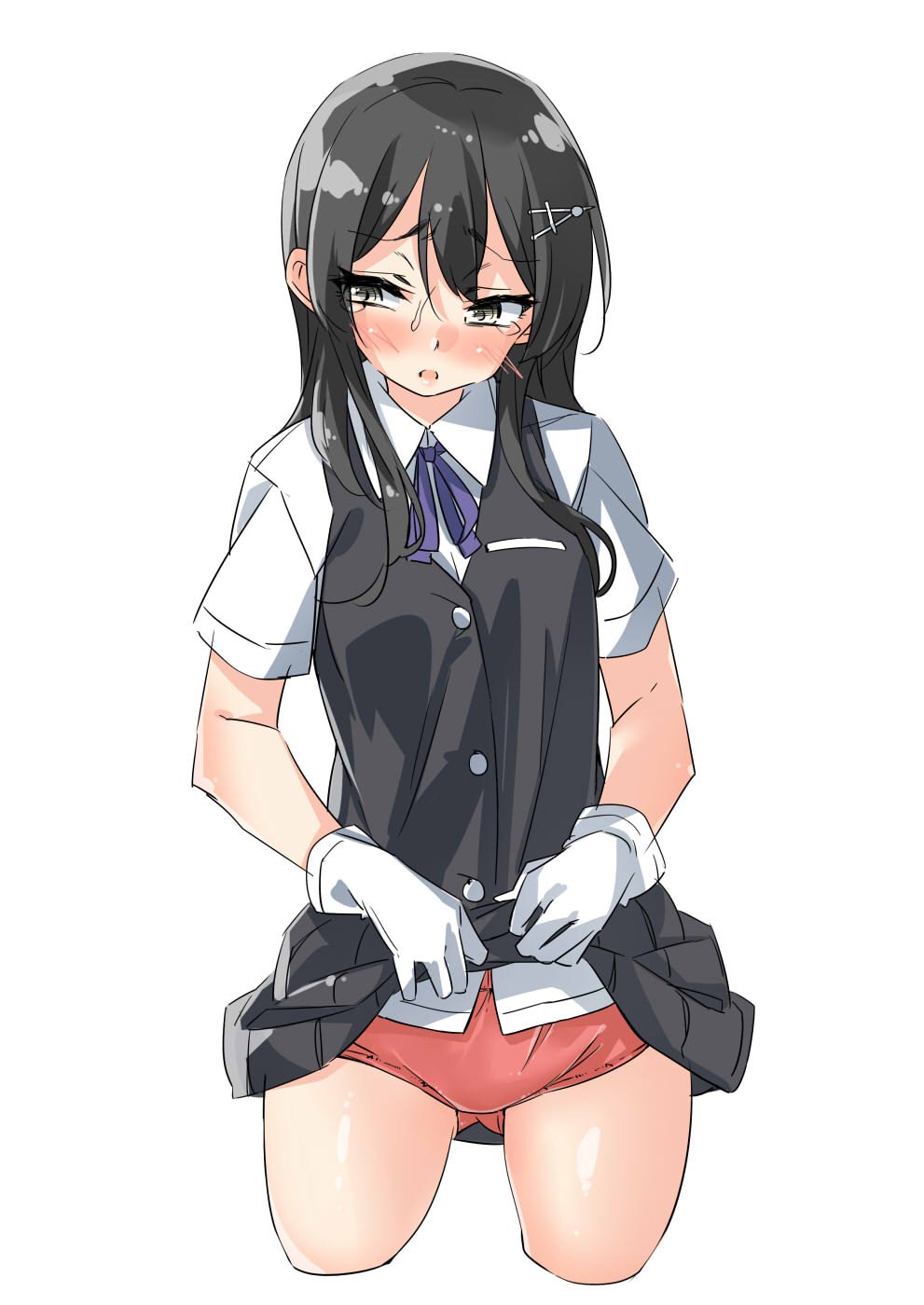 1girl bangs black_hair black_skirt black_vest blush breast_pocket buttons c-string collared_shirt cowboy_shot cropped_legs ebifurya eyebrows_visible_through_hair gloves gluteal_fold groin hair_between_eyes hair_ornament hairclip highres kantai_collection lifted_by_self long_hair looking_away looking_to_the_side neck_ribbon open_mouth oyashio_(kantai_collection) pleated_skirt pocket purple_ribbon ribbon shirt short_sleeves sidelocks simple_background skirt skirt_lift sleeveless solo tears underwear vest white_background white_gloves white_shirt yellow_eyes