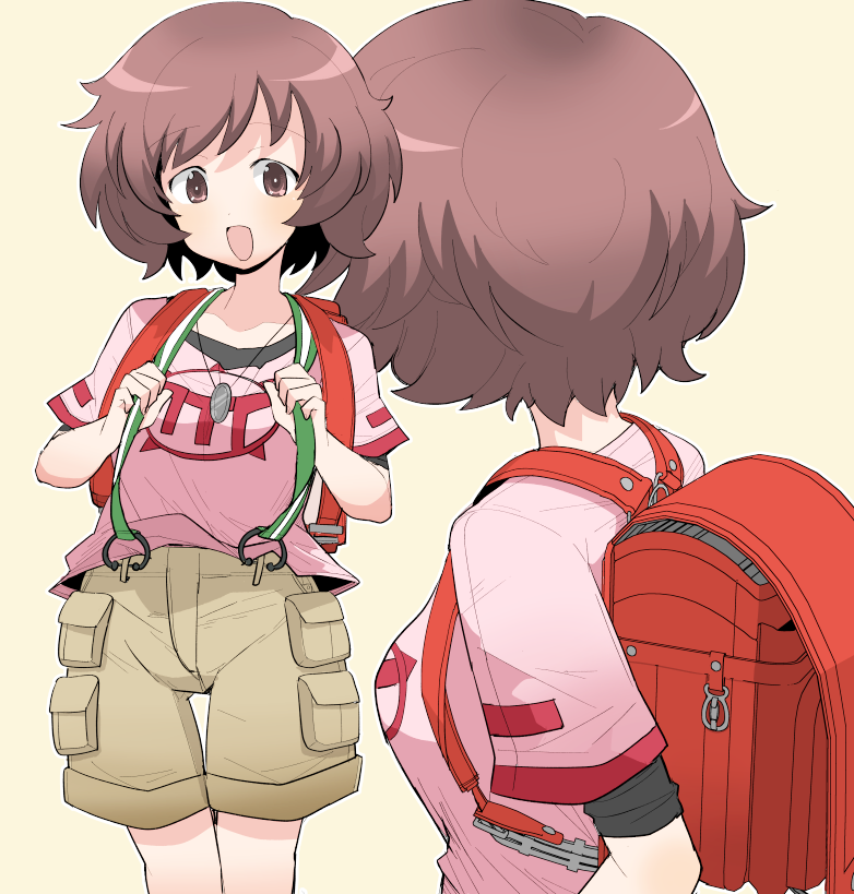 akiyama_yukari backpack bag bangs brown_eyes brown_hair brown_shorts cargo_shorts casual eyebrows_visible_through_hair girls_und_panzer henyaan_(oreizm) jewelry layered_clothing messy_hair multiple_views necklace open_mouth pink_shirt print_shirt randoseru shirt short_hair short_sleeves shorts simple_background smile suspender_shorts suspenders suspenders_pull t-shirt yellow_background