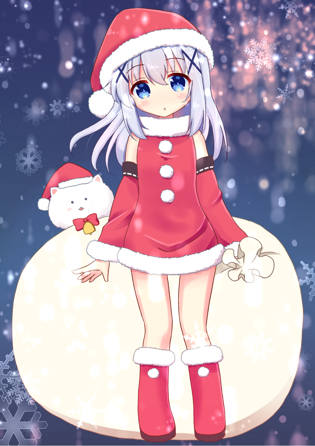 1girl angora_rabbit animal bangs bare_shoulders bell blue_eyes blush boots bow christmas commentary_request detached_sleeves dress eyebrows_visible_through_hair flat_chest full_body fur-trimmed_boots fur-trimmed_dress fur-trimmed_sleeves fur_collar fur_trim gochuumon_wa_usagi_desu_ka? hair_between_eyes hair_ornament hairclip hat highres kafuu_chino knee_boots light_blue_hair light_particles long_hair looking_at_viewer multicolored multicolored_background parted_lips rabbit red_boots red_bow red_dress red_hat sack santa_costume santa_hat sidelocks sleeveless sleeveless_dress snowflakes standing tippy_(gochiusa) x_hair_ornament y_mazun