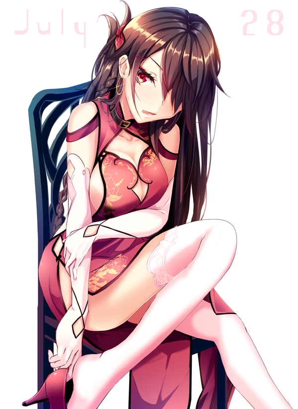 1girl bangs braid breasts brown_hair china_dress chinese_clothes cleavage dated dress earrings elbow_gloves gloves hair_over_one_eye haruka_natsuki high_heels hoop_earrings jewelry knee_up lace lace-trimmed_thighhighs large_breasts long_hair looking_at_viewer open_mouth original red_dress red_eyes red_shoes shiny shiny_hair shoes side_braid simple_background smile solo thigh-highs very_long_hair white_background white_gloves white_legwear